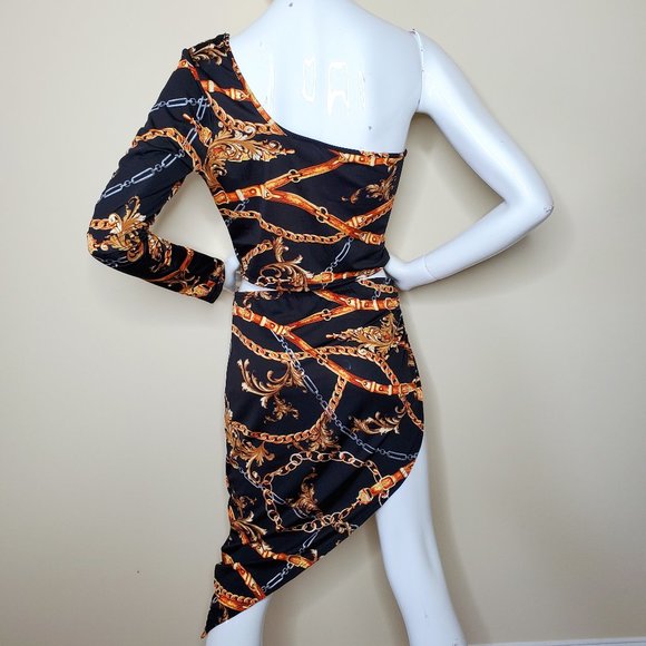 Touch Me Black/Bronze Chain Print One Shoulder Blouse with Asymmetric Skirt SZ L - Picture 5 of 9